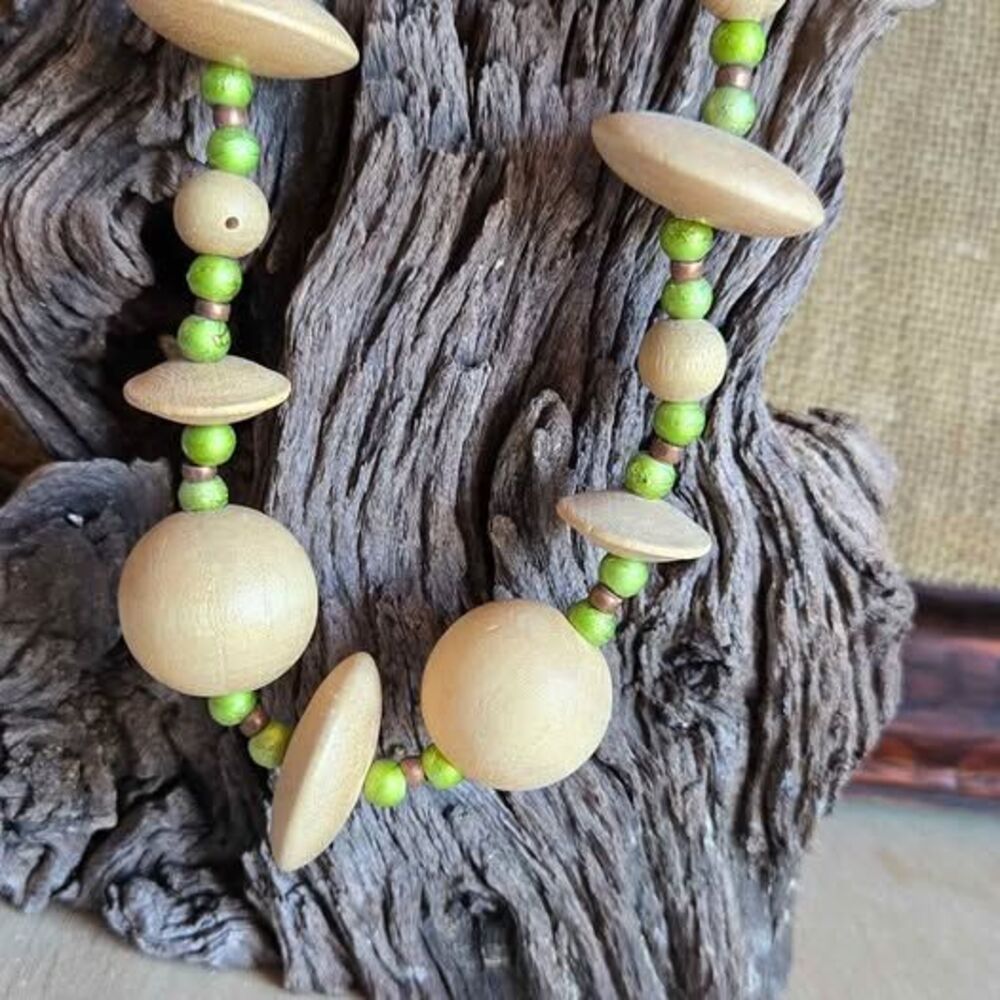 Handmade Wooden Bead Statement Necklace | Green & Natural Wood Boho Necklace - Picture 2 of 5